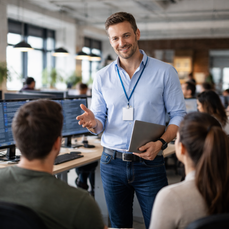 Man with laptop and badge chats with colleagues in a modern technology sector office.