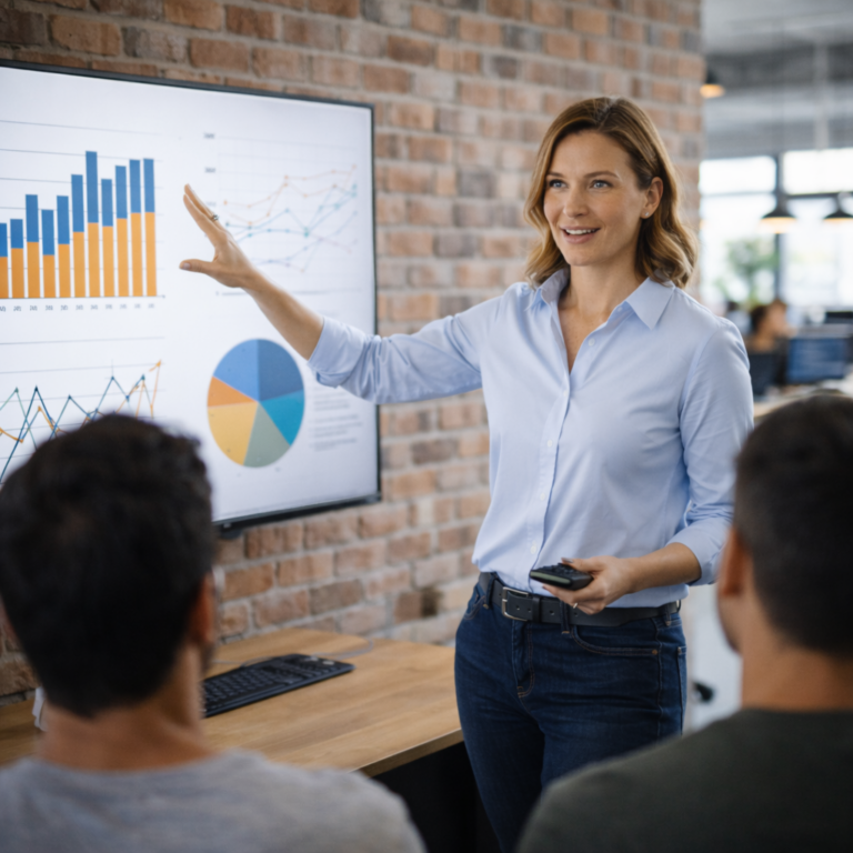 Woman presents charts to two colleagues in an office, discussing the technology sector.