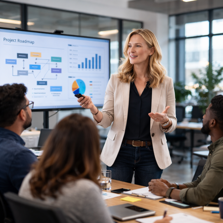 Woman presenting project roadmap to colleagues in a modern technology sector meeting room.