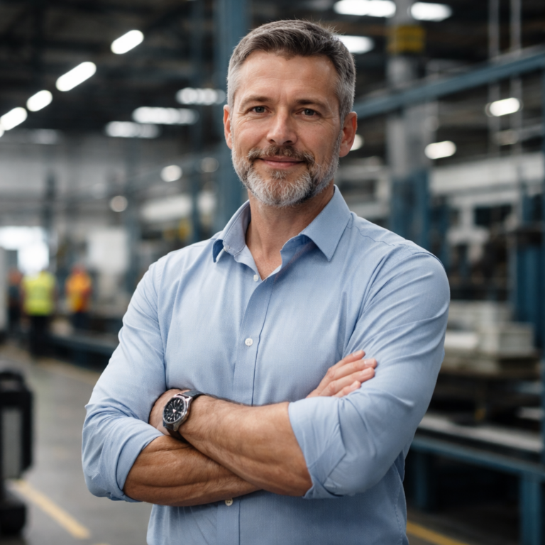 Man with grey beard in blue shirt stands confidently in the manufacturing industry, arms crossed.