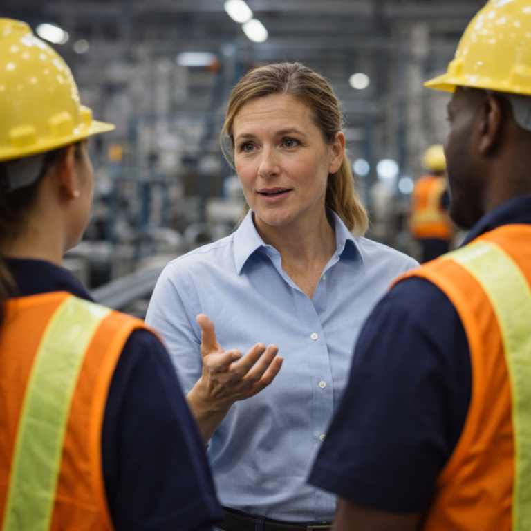 Woman in a blue shirt talks to two workers in hard hats in the manufacturing industry.