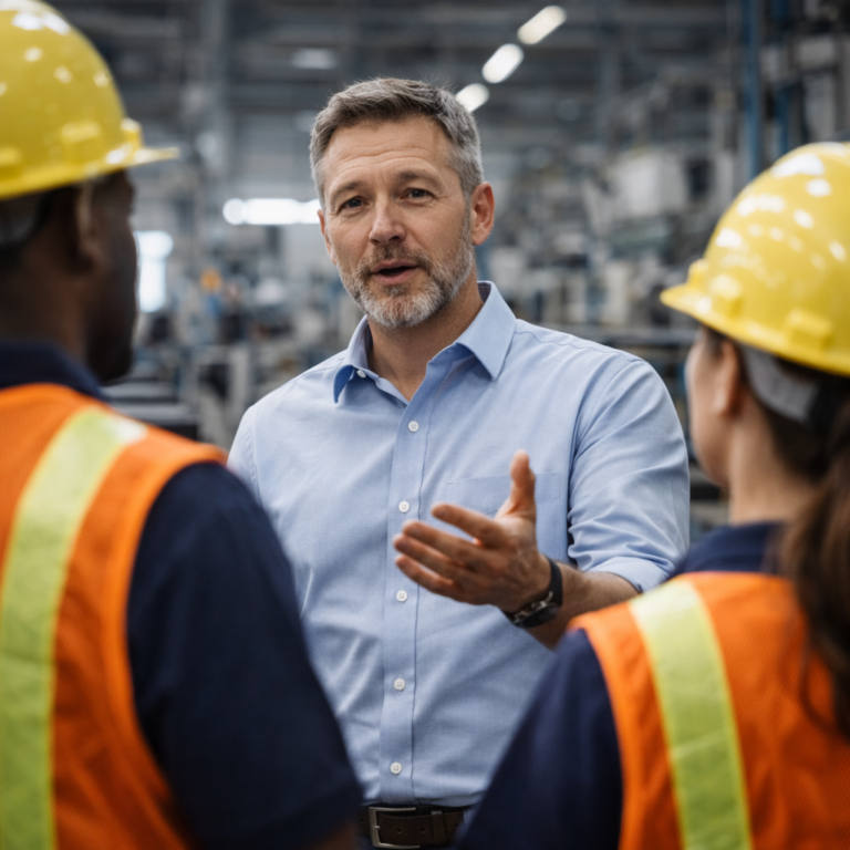 Man in blue shirt talks to two workers in safety vests at a manufacturing industry factory.