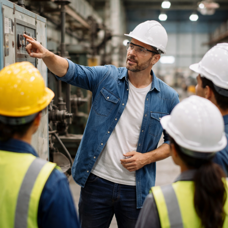Engineer in hard hat instructs workers in safety vests at manufacturing facility.
