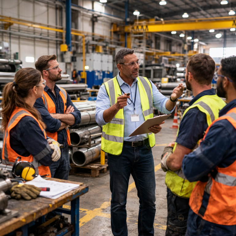 Supervisor talks to workers in safety vests inside a busy manufacturing factory setting.