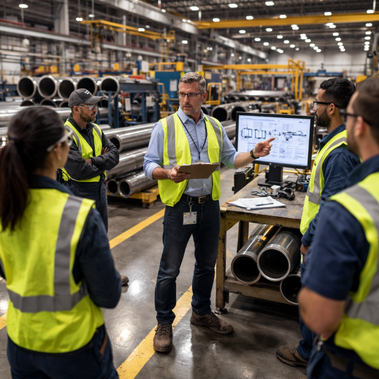 Supervisor briefing manufacturing workers in safety vests at a factory with metal pipes and a monitor.