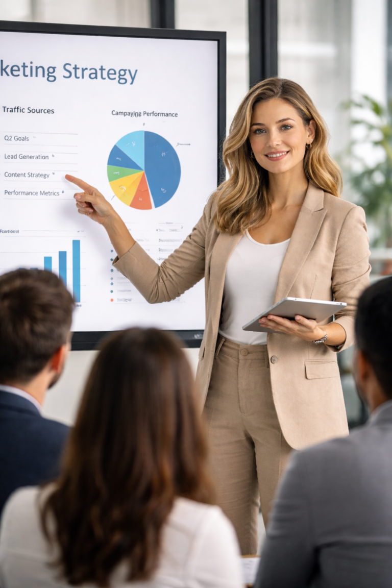 Female marketing manager presenting marketing strategy charts to a team in a meeting room.