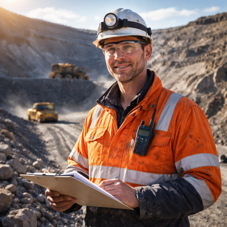 Smiling mining engineer in orange safety gear holds clipboard at a rocky open-cast site.