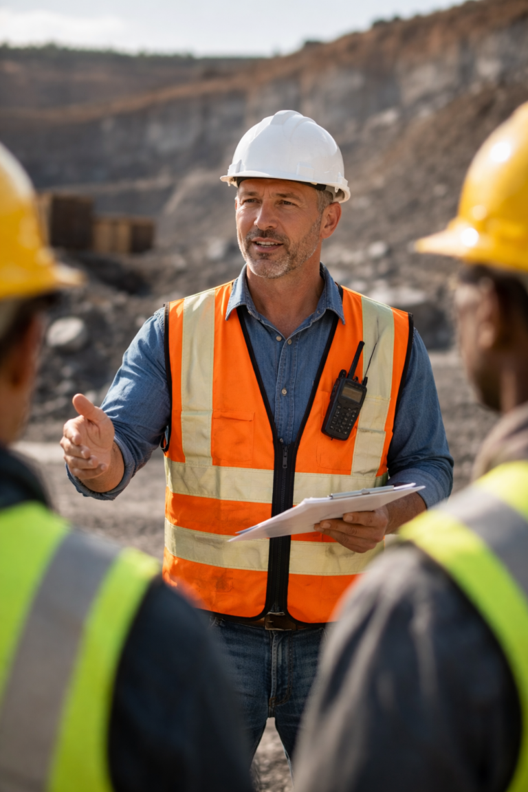 Mining manager in safety gear talks to workers at a mining site, holding a clipboard.