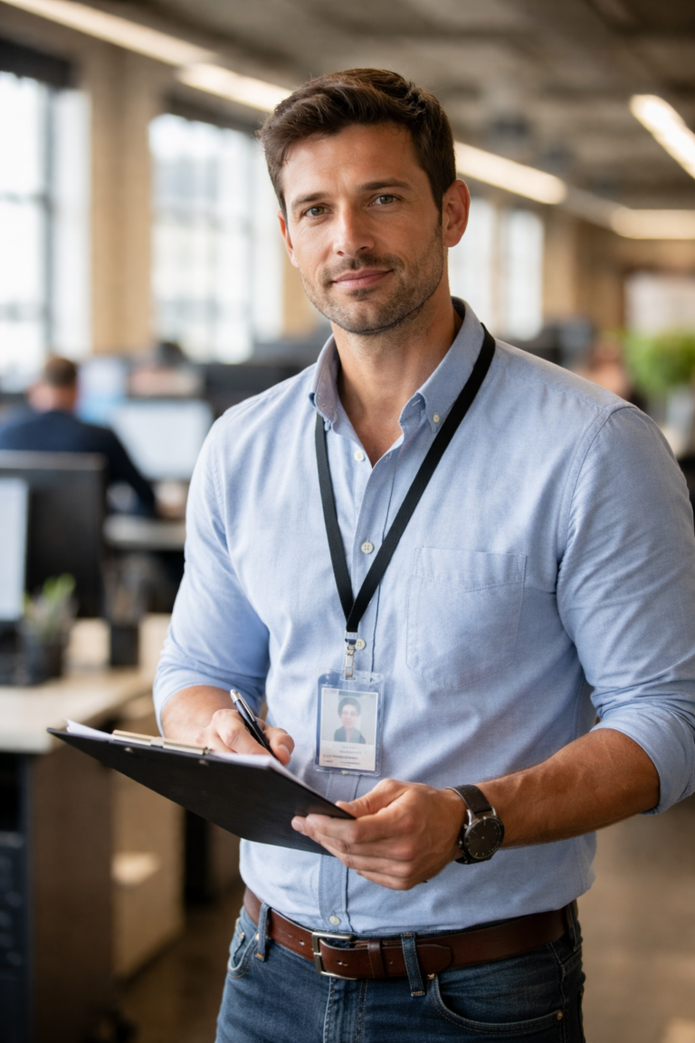 Operations manager in office holding clipboard, wearing blue shirt and ID badge, looking at camera.