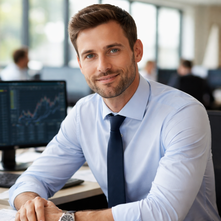 Smiling businessman in office with accounting data and share charts on computer screens behind.