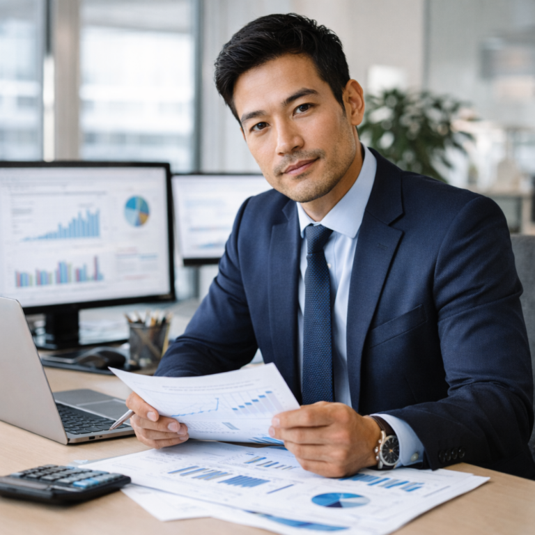 Businessman in suit reviewing accounting charts at desk with laptop and computer monitors.