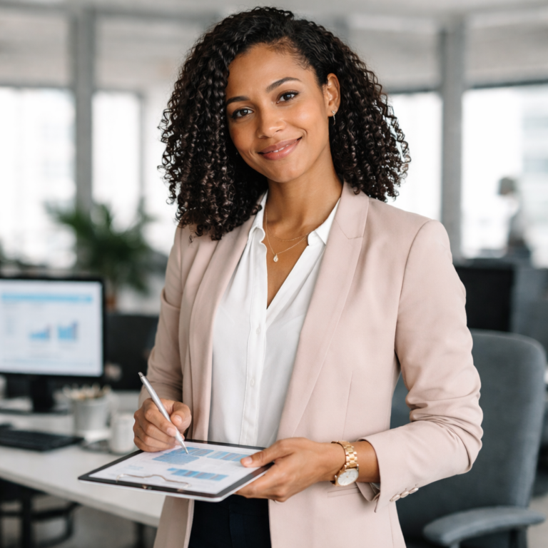 Woman in a blazer holding a tablet with accounting charts, standing in a modern office.