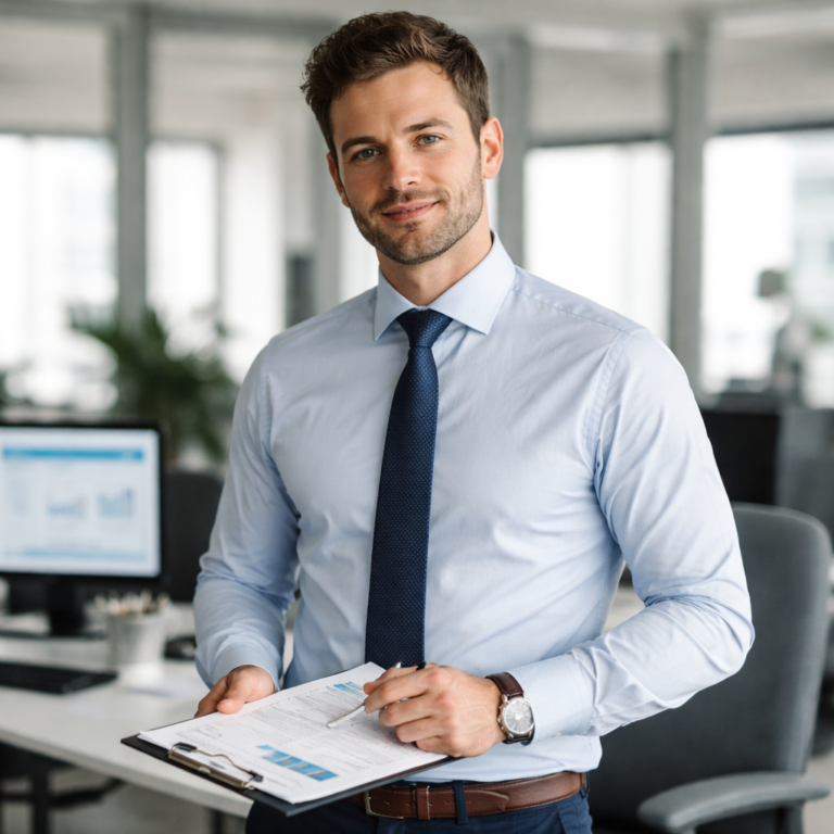 Smiling man in office holding accounting charts on a clipboard, wearing a blue shirt and tie.