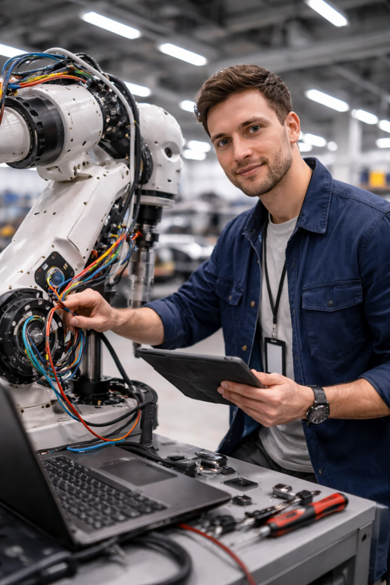 Robotics engineer using tablet to work on a robotic arm in a modern industrial setting.