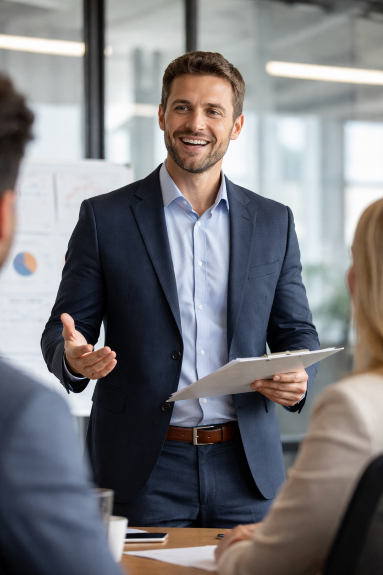 Smiling sales manager in a suit leads a meeting, holding papers and speaking to colleagues in an office.