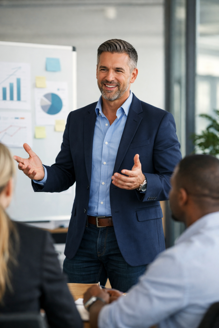 Smiling sales manager in a blazer leads a business meeting, gesturing whilst speaking to colleagues.
