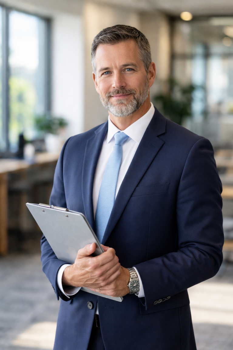Confident project manager in suit holding clipboard, standing in modern office setting.