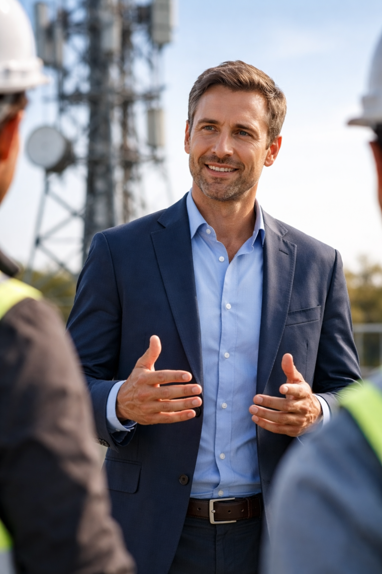 Telecommunications manager in suit talking to workers near a telecoms mast outside on a sunny day.