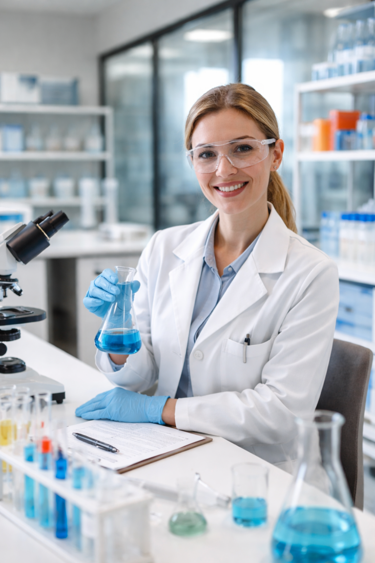 Smiling scientist in lab coat holding a flask with blue liquid at a laboratory bench.